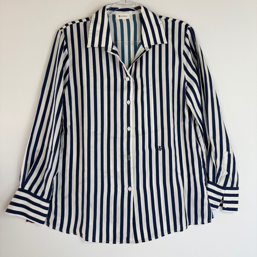 LILYSILK Amalfi Stripe Silk Shirt Women Medium Navy White Button Down Blouse